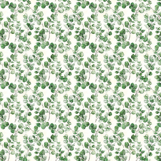 Image of Sylvan Essence Eucalyptus Eggshell quilting cotton fabric by Morris Creative Group for QT Fabrics. Features leaves on a white background. Cute Little Fabric Shop.