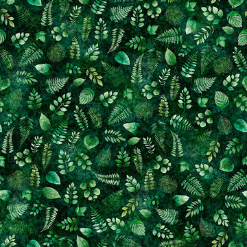 Image of Sylvan Essence Leaf Blender Forest quilting cotton fabric by Morris Creative Group for QT Fabrics. Features leaves on a green background. Cute Little Fabric Shop.