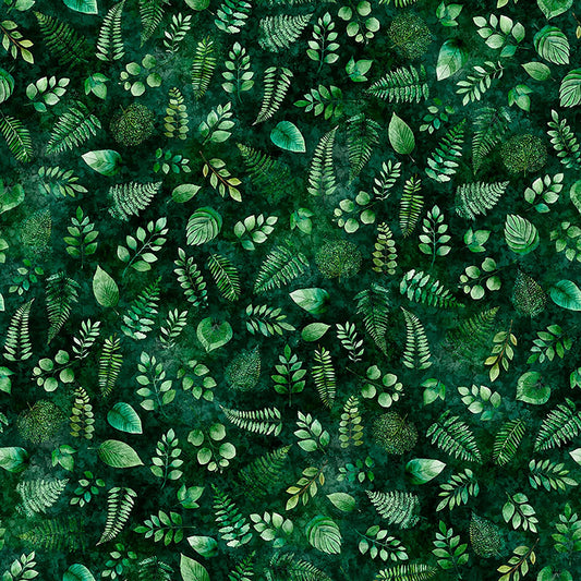 Image of Sylvan Essence Leaf Blender Forest quilting cotton fabric by Morris Creative Group for QT Fabrics. Features leaves on a green background. Cute Little Fabric Shop.