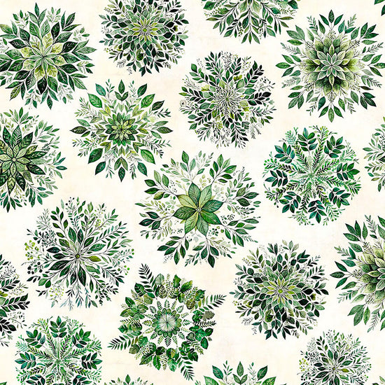 Image of Sylvan Essence Leaf Mandalas Eggshell quilting cotton fabric by Morris Creative Group for QT Fabrics. Features leaves on a white background. Cute Little Fabric Shop.