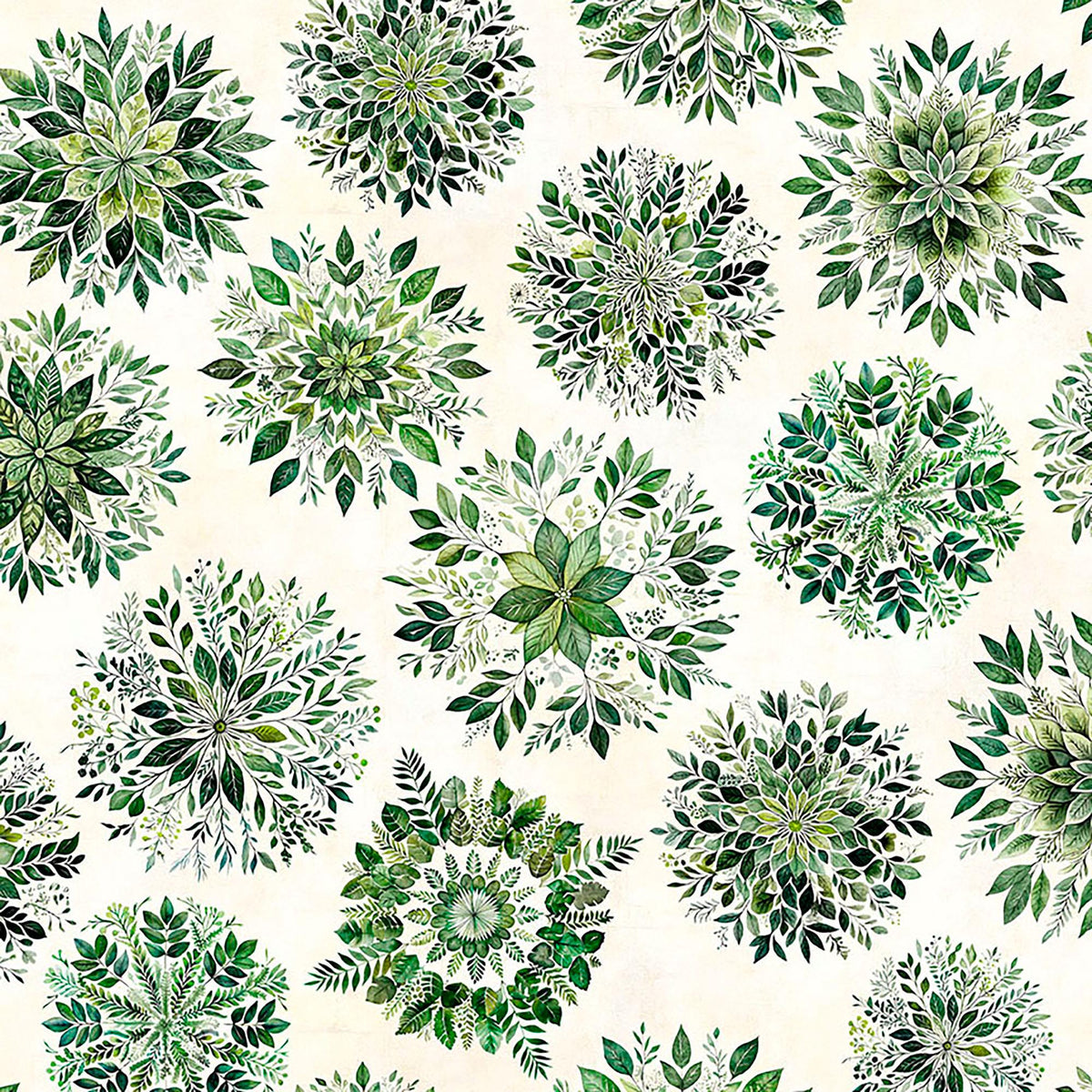 Image of Sylvan Essence Leaf Mandalas Eggshell quilting cotton fabric by Morris Creative Group for QT Fabrics. Features leaves on a white background. Cute Little Fabric Shop.