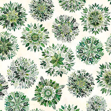 Image of Sylvan Essence Leaf Mandalas Eggshell quilting cotton fabric by Morris Creative Group for QT Fabrics. Features leaves on a white background. Cute Little Fabric Shop.