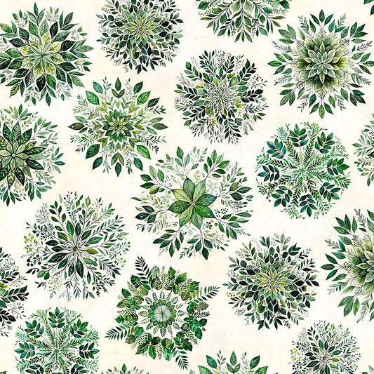 Image of Sylvan Essence Leaf Mandalas Eggshell quilting cotton fabric by Morris Creative Group for QT Fabrics. Features leaves on a white background. Cute Little Fabric Shop.