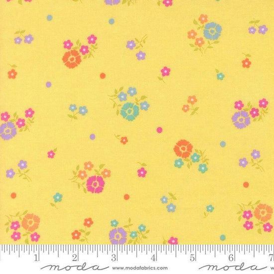 Image of Joysome Hand Picked Sunshine quilting cotton fabric by Corey Yoder for Moda Fabrics. Features flowers on a yellow background. Cute Little Fabric Shop.