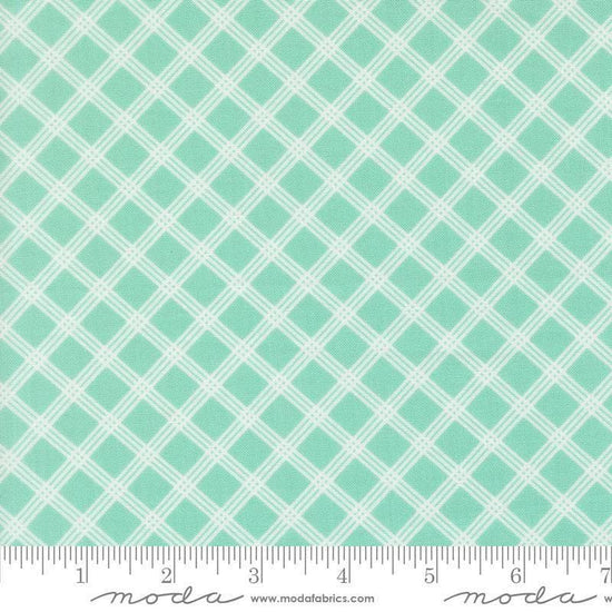 Image of Joysome Charming Check Seaglass quilting cotton fabric by Corey Yoder for Moda Fabrics. Features squares on a blue green background. Cute Little Fabric Shop.