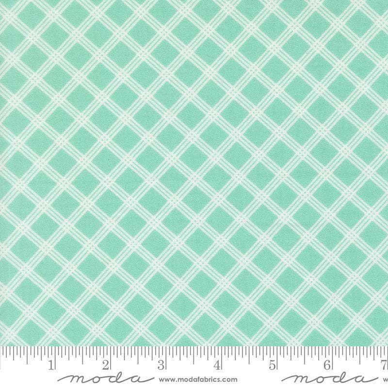 Image of Joysome Charming Check Seaglass quilting cotton fabric by Corey Yoder for Moda Fabrics. Features squares on a blue green background. Cute Little Fabric Shop.