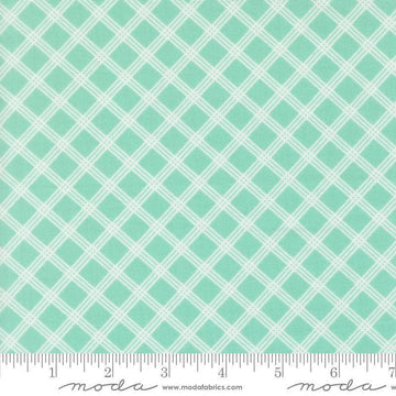 Image of Joysome Charming Check Seaglass quilting cotton fabric by Corey Yoder for Moda Fabrics. Features squares on a blue green background. Cute Little Fabric Shop.
