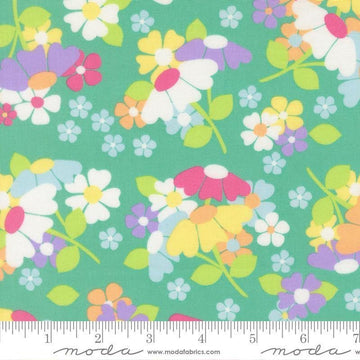 Image of Joysome Flower Fields quilting cotton fabric by Corey Yoder for Moda Fabrics. Features flowers on a green blue background. Cute Little Fabric Shop.