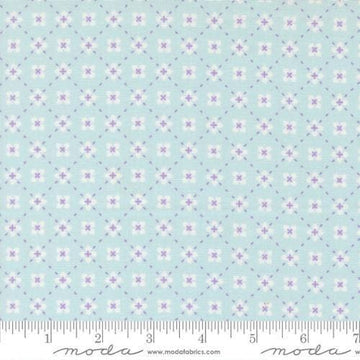 Image of Joysome Sweetly Stitched Frost quilting cotton fabric by Corey Yoder for Moda Fabrics. Features a geometric pattern on a blue background. Cute Little Fabric Shop.