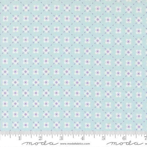 Image of Joysome Sweetly Stitched Frost quilting cotton fabric by Corey Yoder for Moda Fabrics. Features a geometric pattern on a blue background. Cute Little Fabric Shop.