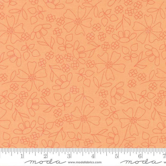 Image of Joysome Sunshine Sketch Cantaloupe quilting cotton fabric by Corey Yoder for Moda Fabrics. Features flowers on an orange background. Cute Little Fabric Shop.