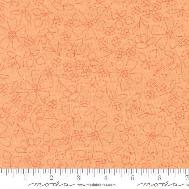 Image of Joysome Sunshine Sketch Cantaloupe quilting cotton fabric by Corey Yoder for Moda Fabrics. Features flowers on an orange background. Cute Little Fabric Shop.