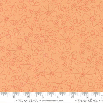 Image of Joysome Sunshine Sketch Cantaloupe quilting cotton fabric by Corey Yoder for Moda Fabrics. Features flowers on an orange background. Cute Little Fabric Shop.