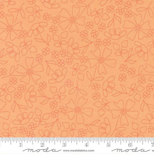 Image of Joysome Sunshine Sketch Cantaloupe quilting cotton fabric by Corey Yoder for Moda Fabrics. Features flowers on an orange background. Cute Little Fabric Shop.