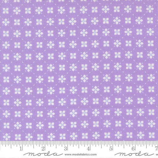 Image of Joysome Sweetly Stitched Lavender quilting cotton fabric by Corey Yoder for Moda Fabrics. Features a geometric pattern on a purple background. Cute Little Fabric Shop.