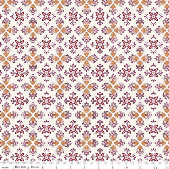 Image of Where the Wild Flowers Area Damask Cream quilting cotton fabric by Judi Madsen for Riley Blake Designs. Features a geometric pattern on a cream background. Cute Little Fabric Shop.