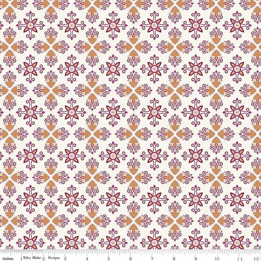 Image of Where the Wild Flowers Area Damask Cream quilting cotton fabric by Judi Madsen for Riley Blake Designs. Features a geometric pattern on a cream background. Cute Little Fabric Shop.
