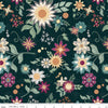 Image of Where the Wild Flowers Area Main Dark Teal quilting cotton fabric by Judi Madsen for Riley Blake Designs. Features flowers on a blue background. Cute Little Fabric Shop.