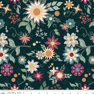 Image of Where the Wild Flowers Area Main Dark Teal quilting cotton fabric by Judi Madsen for Riley Blake Designs. Features flowers on a blue background. Cute Little Fabric Shop.