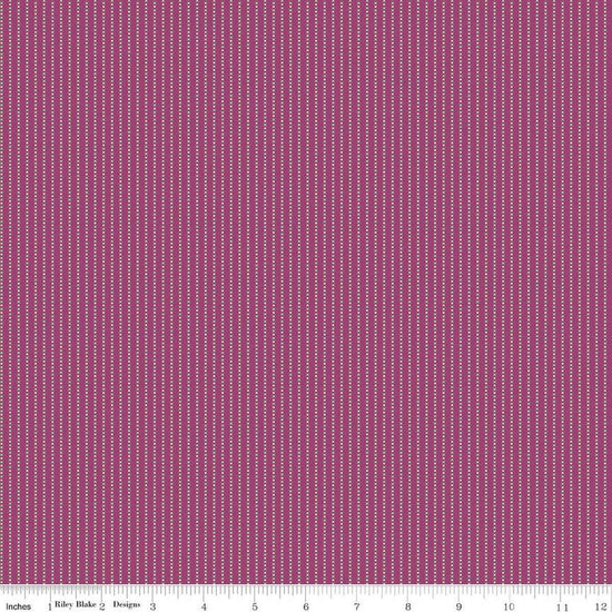 Image of Where the Wild Flowers Area Stripes Fuchsia quilting cotton fabric by Judi Madsen for Riley Blake Designs. Features stripes on a purple background. Cute Little Fabric Shop.