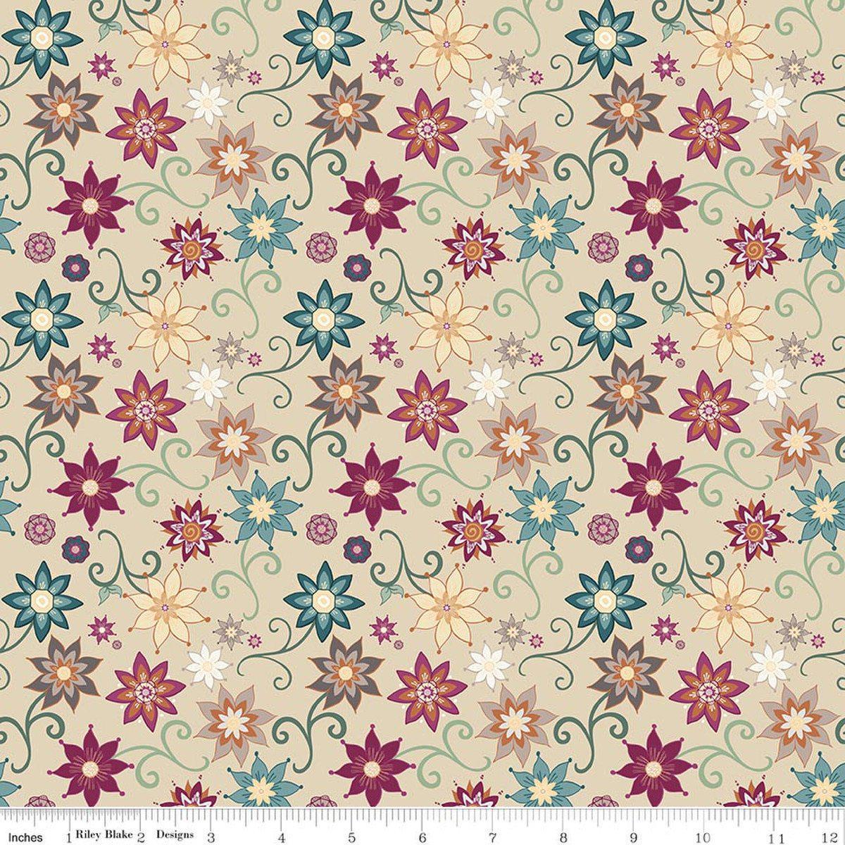 Image of Where the Wild Flowers Area Dancy Beige quilting cotton fabric by Judi Madsen for Riley Blake Designs. Features flowers on a tan background. Cute Little Fabric Shop.