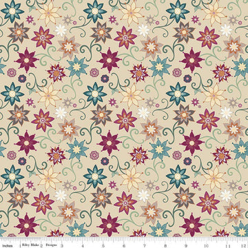 Image of Where the Wild Flowers Area Dancy Beige quilting cotton fabric by Judi Madsen for Riley Blake Designs. Features flowers on a tan background. Cute Little Fabric Shop.