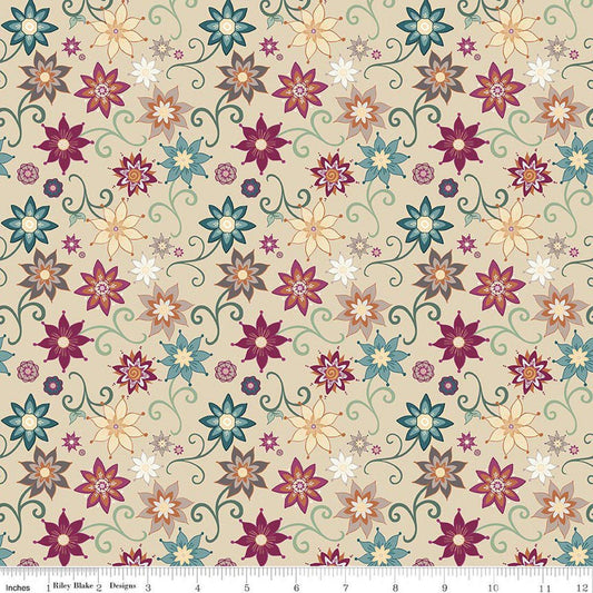 Image of Where the Wild Flowers Area Dancy Beige quilting cotton fabric by Judi Madsen for Riley Blake Designs. Features flowers on a tan background. Cute Little Fabric Shop.