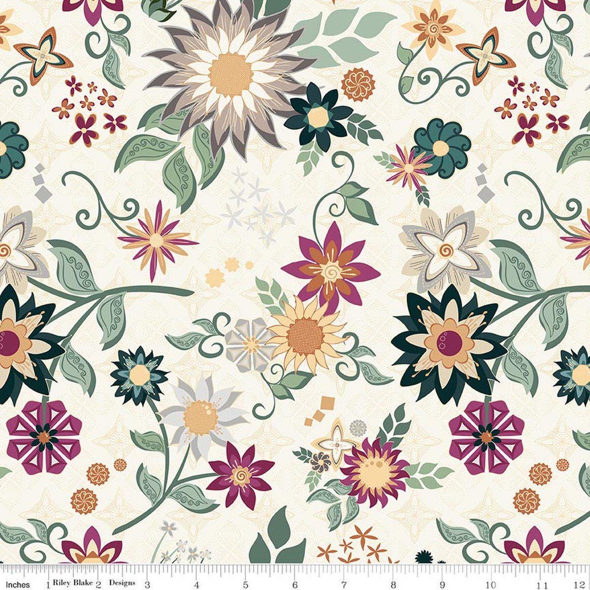 Image of Where the Wild Flowers Area Main Cream quilting cotton fabric by Judi Madsen for Riley Blake Designs. Features flowers on a cream background. Cute Little Fabric Shop.