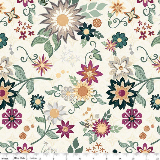 Image of Where the Wild Flowers Area Main Cream quilting cotton fabric by Judi Madsen for Riley Blake Designs. Features flowers on a cream background. Cute Little Fabric Shop.