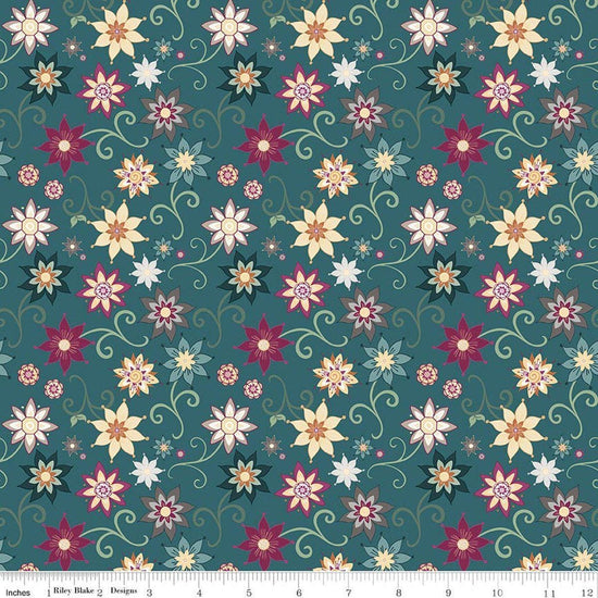 Image of Where the Wild Flowers Area Dance Teal quilting cotton fabric by Judi Madsen for Riley Blake Designs. Features flowers on a blue background. Cute Little Fabric Shop.