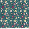Image of Where the Wild Flowers Area Dance Teal quilting cotton fabric by Judi Madsen for Riley Blake Designs. Features flowers on a blue background. Cute Little Fabric Shop.