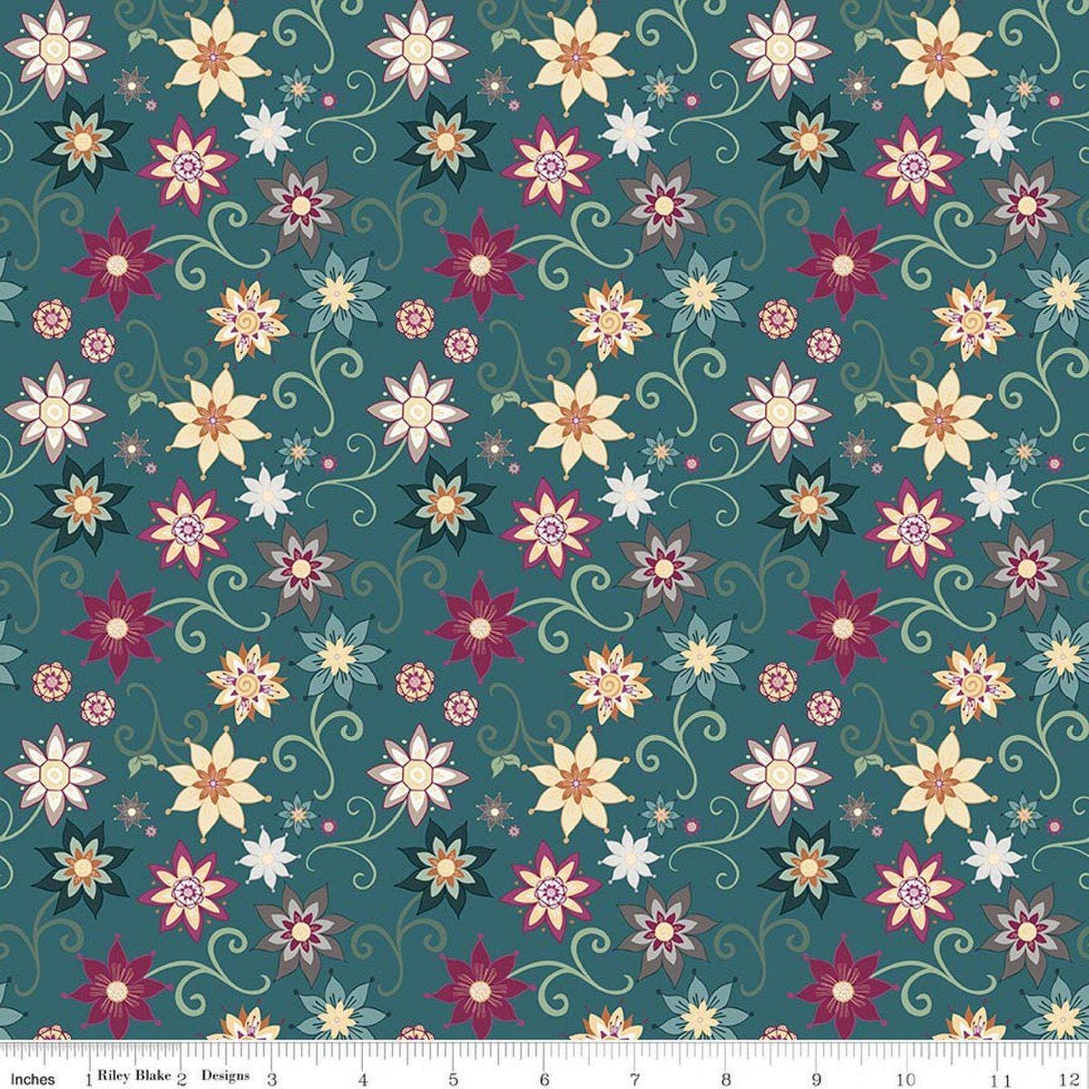Image of Where the Wild Flowers Area Dance Teal quilting cotton fabric by Judi Madsen for Riley Blake Designs. Features flowers on a blue background. Cute Little Fabric Shop.