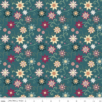 Image of Where the Wild Flowers Area Dance Teal quilting cotton fabric by Judi Madsen for Riley Blake Designs. Features flowers on a blue background. Cute Little Fabric Shop.