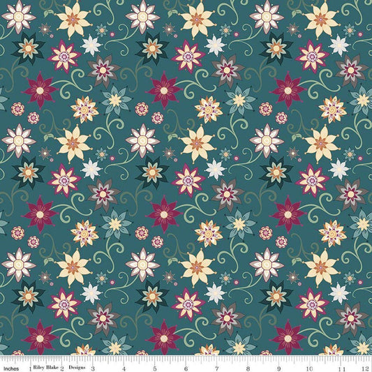 Image of Where the Wild Flowers Area Dance Teal quilting cotton fabric by Judi Madsen for Riley Blake Designs. Features flowers on a blue background. Cute Little Fabric Shop.