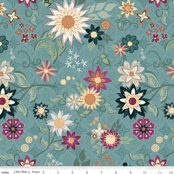 Image of Where the Wild Flowers Area Main Wedgewood quilting cotton fabric by Judi Madsen for Riley Blake Designs. Features flowers on a blue background. Cute Little Fabric Shop.
