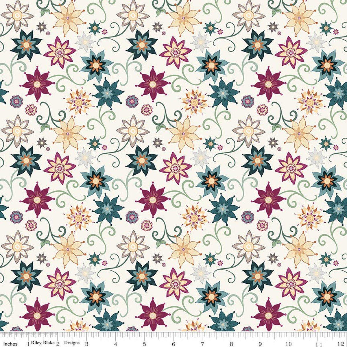 Image of Where the Wild Flowers Area Dance Cream quilting cotton fabric by Judi Madsen for Riley Blake Designs. Features flowers on a cream background. Cute Little Fabric Shop.