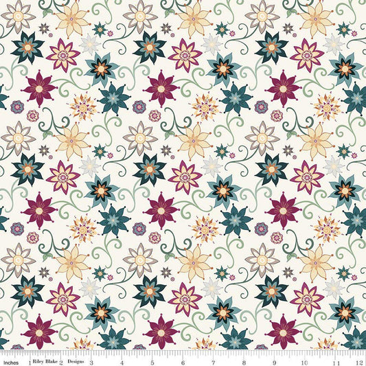 Image of Where the Wild Flowers Area Dance Cream quilting cotton fabric by Judi Madsen for Riley Blake Designs. Features flowers on a cream background. Cute Little Fabric Shop.