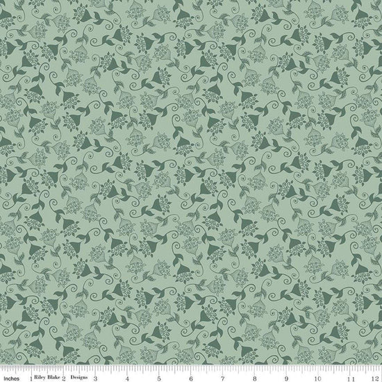 Image of Where the Wild Flowers Area Whimsy Sage quilting cotton fabric by Judi Madsen for Riley Blake Designs. Features flowers on a green background. Cute Little Fabric Shop.