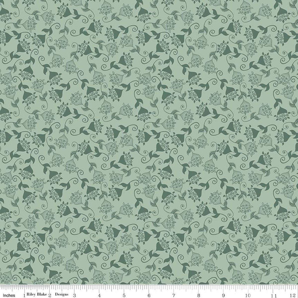 Image of Where the Wild Flowers Area Whimsy Sage quilting cotton fabric by Judi Madsen for Riley Blake Designs. Features flowers on a green background. Cute Little Fabric Shop.