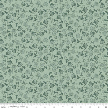 Image of Where the Wild Flowers Area Whimsy Sage quilting cotton fabric by Judi Madsen for Riley Blake Designs. Features flowers on a green background. Cute Little Fabric Shop.