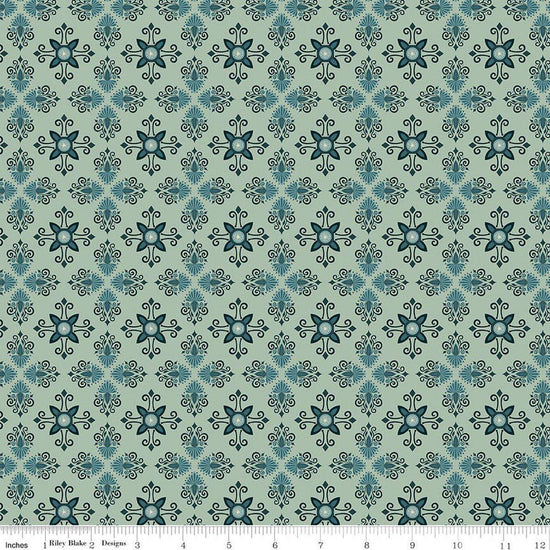 Image of Where the Wild Flowers Area Damask Sage quilting cotton fabric by Judi Madsen for Riley Blake Designs. Features a geometric pattern on a green background. Cute Little Fabric Shop.