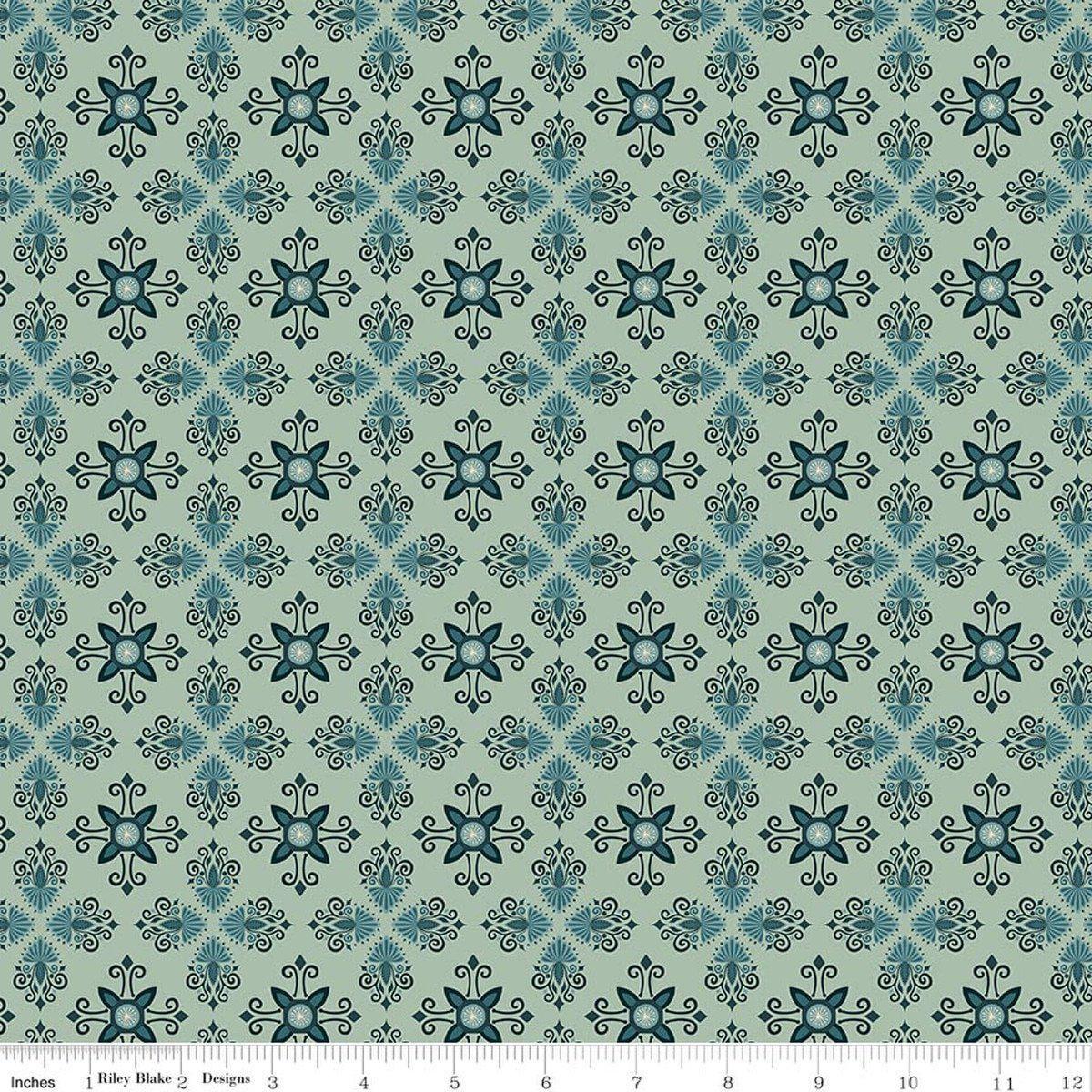 Image of Where the Wild Flowers Area Damask Sage quilting cotton fabric by Judi Madsen for Riley Blake Designs. Features a geometric pattern on a green background. Cute Little Fabric Shop.