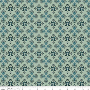 Image of Where the Wild Flowers Area Damask Sage quilting cotton fabric by Judi Madsen for Riley Blake Designs. Features a geometric pattern on a green background. Cute Little Fabric Shop.