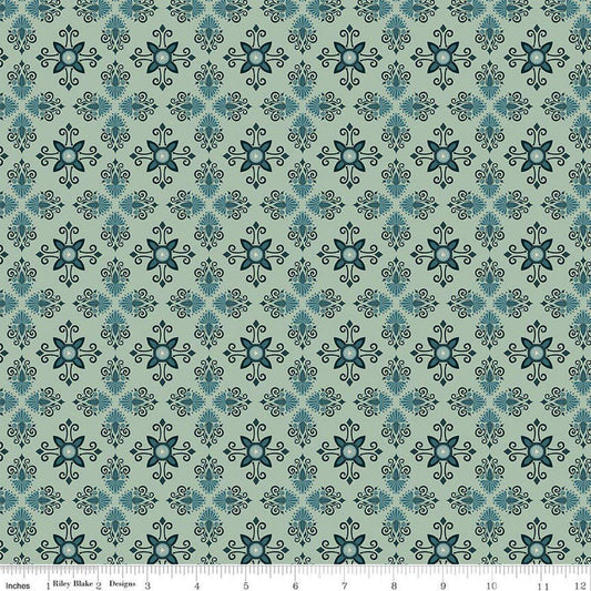 Image of Where the Wild Flowers Area Damask Sage quilting cotton fabric by Judi Madsen for Riley Blake Designs. Features a geometric pattern on a green background. Cute Little Fabric Shop.