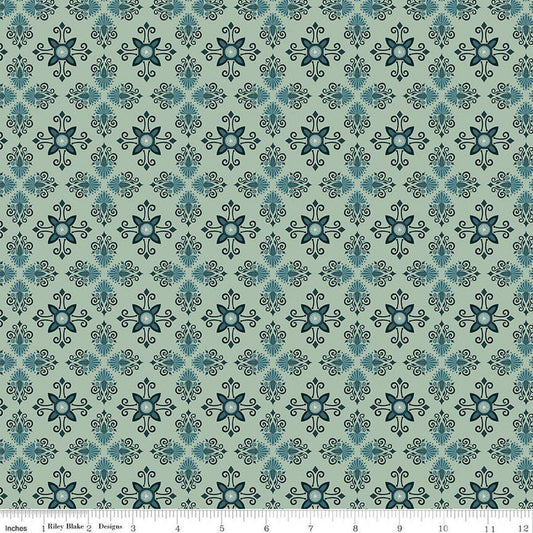 Image of Where the Wild Flowers Area Damask Sage quilting cotton fabric by Judi Madsen for Riley Blake Designs. Features a geometric pattern on a green background. Cute Little Fabric Shop.