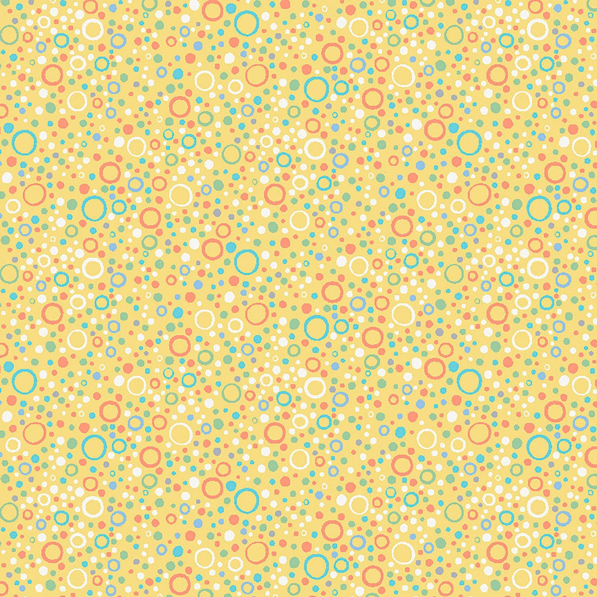 Image of Little Squirt Bubbles Icy Yellow quilting cotton fabric by Morris Creative Group for QT Fabrics. Features circles on a yellow background. Cute Little Fabric Shop.