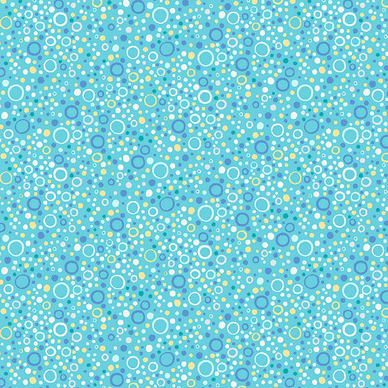 Image of Little Squirt Bubbles Turquoise quilting cotton fabric by Morris Creative Group for QT Fabrics. Features circles on a blue background. Cute Little Fabric Shop.