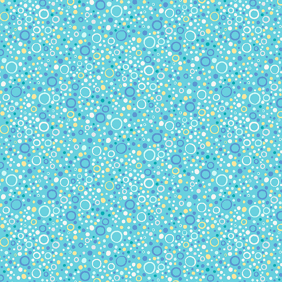 Image of Little Squirt Bubbles Turquoise quilting cotton fabric by Morris Creative Group for QT Fabrics. Features circles on a blue background. Cute Little Fabric Shop.