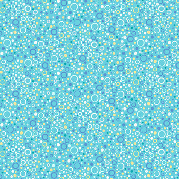 Image of Little Squirt Bubbles Turquoise quilting cotton fabric by Morris Creative Group for QT Fabrics. Features circles on a blue background. Cute Little Fabric Shop.