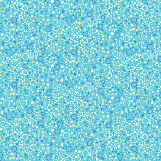 Image of Little Squirt Bubbles Turquoise quilting cotton fabric by Morris Creative Group for QT Fabrics. Features circles on a blue background. Cute Little Fabric Shop.